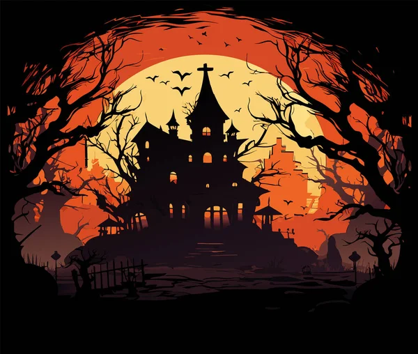 Halloween Friedhofsszene Eindringlicher Alptraum Heiliger Hintergrund Cartoon Horror Burglandschaft Beängstigende — Stockvektor