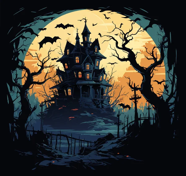墓地景观之间的传病媒介 城堡周围的黑色可怕的树 蓝色背景下城堡矢量之间可怕的光晕图 — 图库矢量图片#