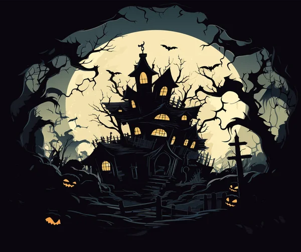 城堡之间的传病媒介 房子周围的可怕的树 灰色和橙色背景的令人毛骨悚然的侧影矢量插图 — 图库矢量图片#