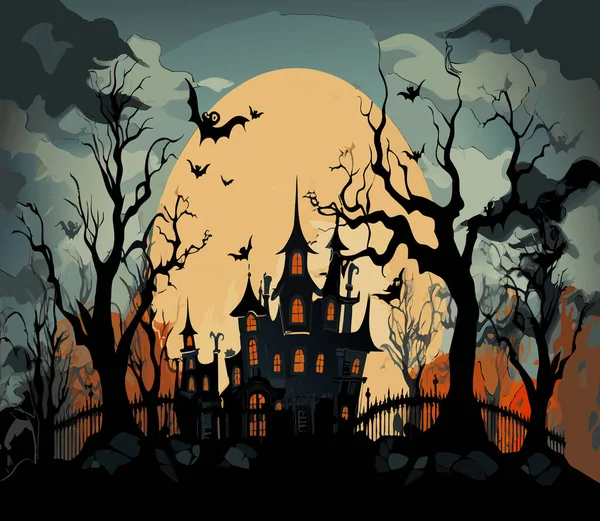Halloween Graveyard Scene Haunting Nightmare Hallowen Background Cartoon Horror Castle — Stock Vector
