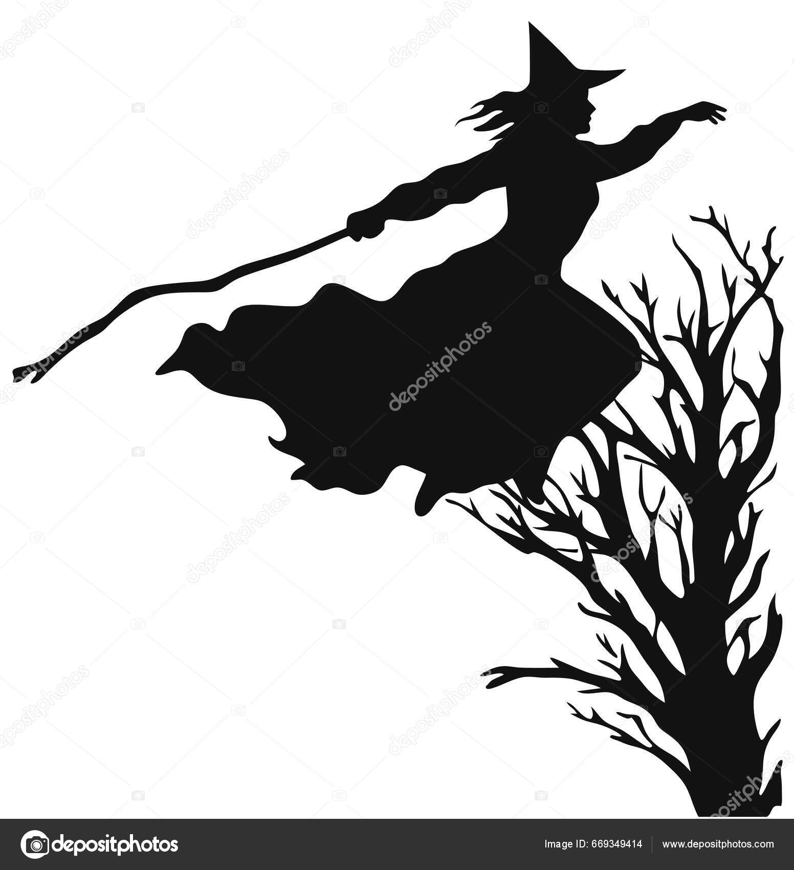 Bruxa na vassoura voadora à noite em fundo branco