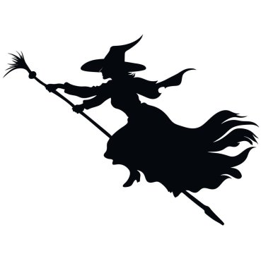 vektör güzel cadı. Süpürgeyle uçan cadı. Beyaz arkaplanda siyah cadı silueti vektör çizimi.