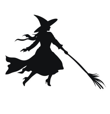 vektör güzel cadı. Süpürgeyle uçan cadı. Beyaz arkaplanda siyah cadı silueti vektör çizimi.