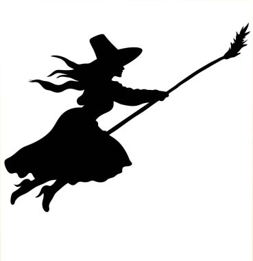 vektör güzel cadı. Süpürgeyle uçan cadı. Beyaz arkaplanda siyah cadı silueti vektör çizimi.