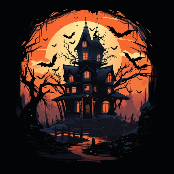 城堡景观之间的病媒 黑色城堡的轮廓 橙色月亮背景下的带有鸟类和树矢量的城堡轮廓 — 图库矢量图片