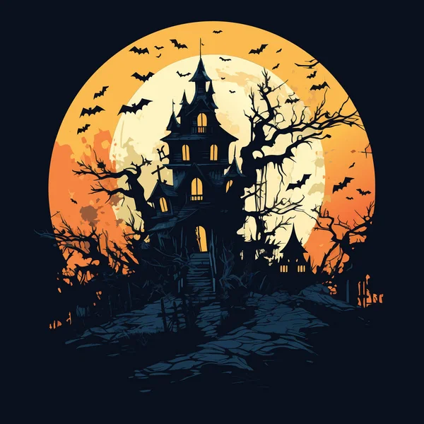 城堡景观之间的病媒 黑色城堡的轮廓 橙色月亮背景下的带有鸟类和树矢量的城堡轮廓 — 图库矢量图片