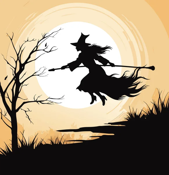 Векторная Красивая Ведьма Летучая Ведьма Метлой Черная Ведьма Силуэт Вектор — стоковый вектор