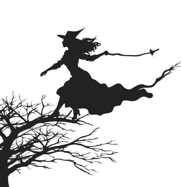 Vector Beautiful Witch Flying Witch Broom Black Witch Silhoutte Tree — Stock Vector