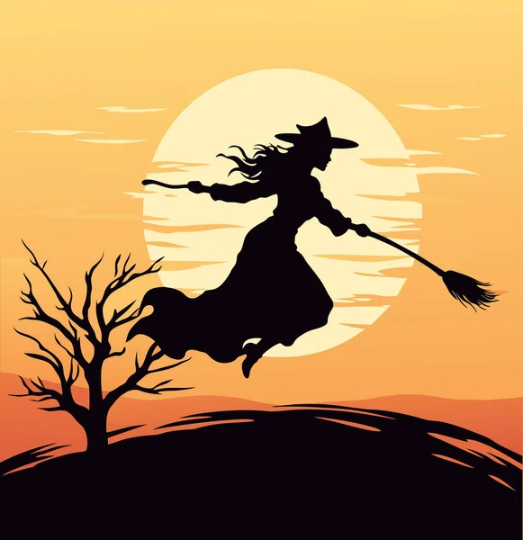 ベクター美しい魔女 ブロムと共に飛んでいる魔女 黄色い月の背景の黒い魔女の無声ベクターのイラスト — ストックベクタ