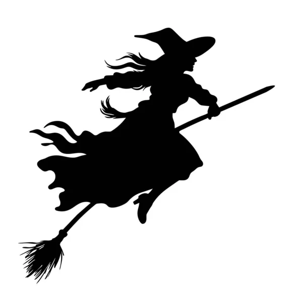 Vector Beautiful Witch Flying Witch Broom Black Witch Silhoutte Vector — Stock Vector