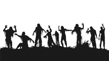 Bir grup zombi siluetini yönlendir. Vektör yürüyen zombiler. Beyaz arka planda gölgeli vektör çizimleri olan zombiler.