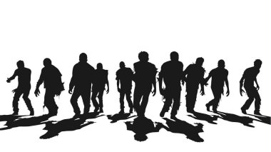 Bir grup zombi siluetini yönlendir. Vektör yürüyen zombiler. Beyaz arka planda gölgeli vektör çizimleri olan zombiler.