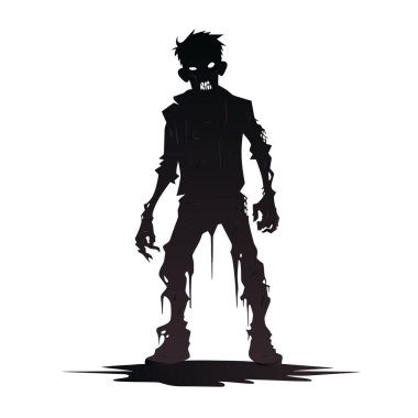 vektör zombi silueti. Ayakta duran korkunç zombi. Beyaz arka planda karanlık, boş vektör çizimi olan kızgın zombi.