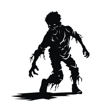Zombi vektörü mezardan çıkıyor. Ayakta duran zombi ve el kaldıran. Beyaz arkaplanda ayakta duran zombi vektör çizimi.