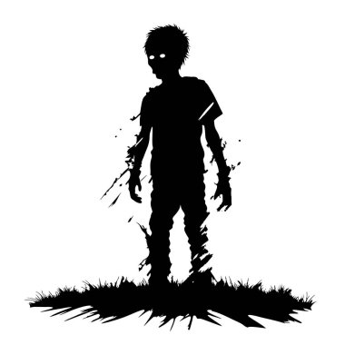 vektör zombi silueti. Ayakta duran korkunç zombi. Beyaz arka planda karanlık, boş vektör çizimi olan kızgın zombi.