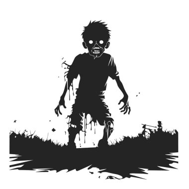 Zombi vektörü mezardan çıkıyor. Ayakta duran zombi ve el kaldıran. Beyaz arkaplanda ayakta duran zombi vektör çizimi.