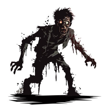 Zombi vektörü mezardan çıkıyor. Ayakta duran zombi ve el kaldıran. Beyaz arkaplanda ayakta duran zombi vektör çizimi.