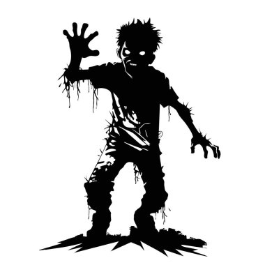 Zombi vektörü mezardan çıkıyor. Ayakta duran zombi ve el kaldıran. Beyaz arkaplanda ayakta duran zombi vektör çizimi.