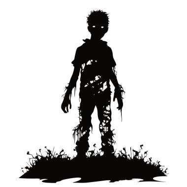 Zombi vektörü mezardan çıkıyor. Ayakta duran zombi ve el kaldıran. Beyaz arkaplanda ayakta duran zombi vektör çizimi.