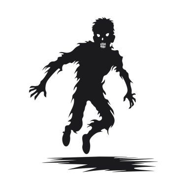 Vektör atlayan zombi. Karanlık oyuğu olan uçan bir zombi. Beyaz arkaplanda korkunç zombi vektör çizimi.