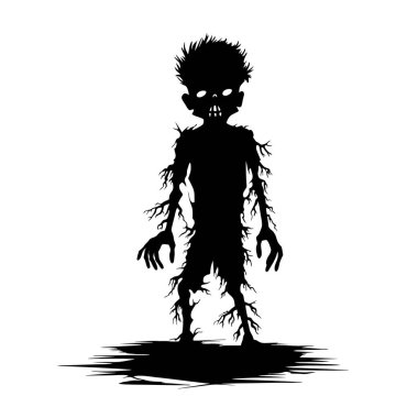 Zombi vektörü mezardan çıkıyor. Ayakta duran zombi ve el kaldıran. Beyaz arkaplanda ayakta duran zombi vektör çizimi.
