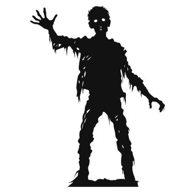 Zombi vektörü mezardan çıkıyor. Ayakta duran zombi ve el kaldıran. Beyaz arkaplanda ayakta duran zombi vektör çizimi.