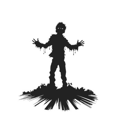 Zombi vektörü mezardan çıkıyor. Ayakta duran zombi ve el kaldıran. Beyaz arkaplanda ayakta duran zombi vektör çizimi.