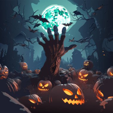 Cadılar bayramı vektörü çapraz el kaldırıyor. Fenerli zombi elleri. iskelet eller baş vektör illüstrasyonu ile.