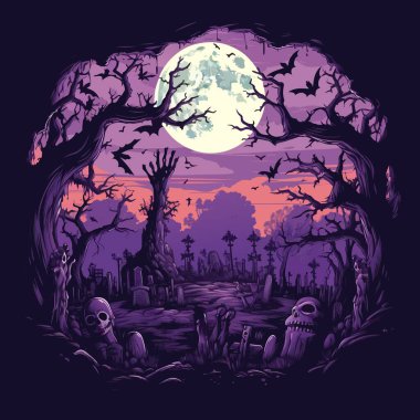 Zombi elleri silueti. Korkunç zombi çarpık kuzular mezarlık zemin çizim setinden dışarı sarkıyor. Cadılar Bayramı zombi elleri ve iskelet vektörü menekşe arka planda.