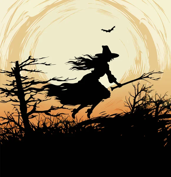 病媒美丽的巫婆 用扫帚放飞女巫 黄月背景下的黑女巫丝状矢量图解 — 图库矢量图片