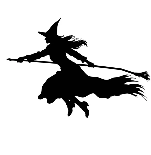 ベクター美しい魔女 ブロムと共に飛んでいる魔女 白い背景の黒い魔女の無声ベクターのイラスト — ストックベクタ