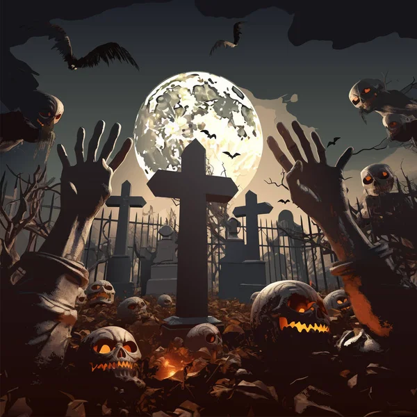 Vetor Halloween Levantar Mãos Com Cruz Mãos Zumbis Com Lanterna —  Vetores de Stock