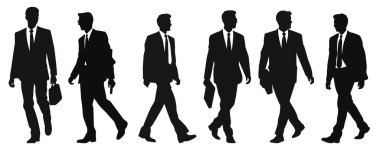Farklı pozlarda yürüyen bir grup adam. Hareket halindeki erkek siluetlerinin vektör çizimi. Takım elbiseli adam bir adım attı. Tam görünüm, profil. Beyaz arkaplanda siyah bir siluet