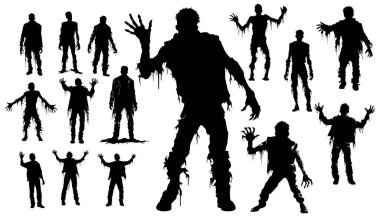 Siluet tarzı koleksiyonunda zombi ayakta ve yürüyüş eylemleri. Beyazın üzerinde izole edilmiş ölülerden dirilen insanların tam uzunluğu
