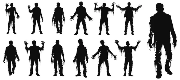 Vector Zombie Collection Silhouette Style Full Body Many Action Front — Stock Vector