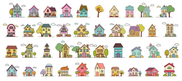 城镇或村庄中可爱的小房子的矢量插图集 卡通各式房屋立面收藏 五彩斑斓的小屋 屋顶上有门 窗和烟囱 前面的景色与白色隔离 — 图库矢量图片#