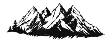 Çam ağaçları ve beyaz arka planda siyah manzaralı bir dağ. Robot resim tarzında elle çizilmiş kayalık zirveler. Vektör illüstrasyonu