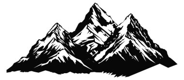 Çam ağaçları ve beyaz arka planda siyah manzaralı bir dağ. Robot resim tarzında elle çizilmiş kayalık zirveler. Vektör illüstrasyonu