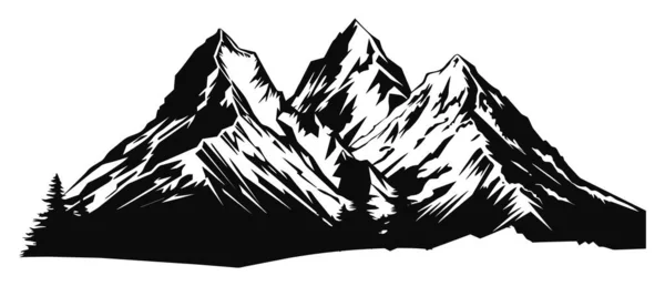 Hora Borovicemi Krajina Černá Bílém Pozadí Ručně Kreslené Skalnaté Štíty — Stockový vektor
