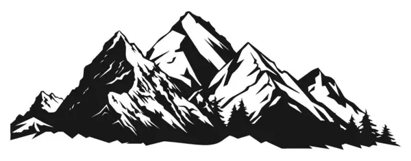 Montagne Avec Pins Paysage Noir Sur Fond Blanc Peaks Rocheux — Image vectorielle