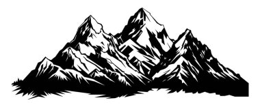 Dağ gölü silueti grafik sanat siyah beyaz manzara çizim vektörü. Dağ ve göl, siyah ve beyaz çizimler. Dağ vektörü illüstrasyonu.