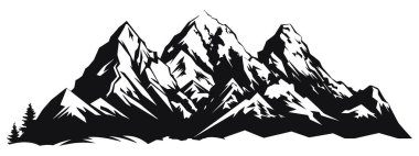Dağ gölü silueti grafik sanat siyah beyaz manzara çizim vektörü. Dağ ve göl, siyah ve beyaz çizimler. Dağ vektörü illüstrasyonu