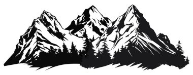 Dağ silueti - vektör simgesi. Rocky tepeleri. Dağlar sıralanır. Siyah ve beyaz dağ simgesi izole edildi.