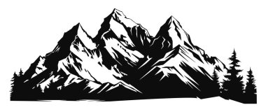 Dağ silueti - vektör simgesi. Rocky tepeleri. Dağlar sıralanır. Siyah ve beyaz dağ simgesi izole edildi.