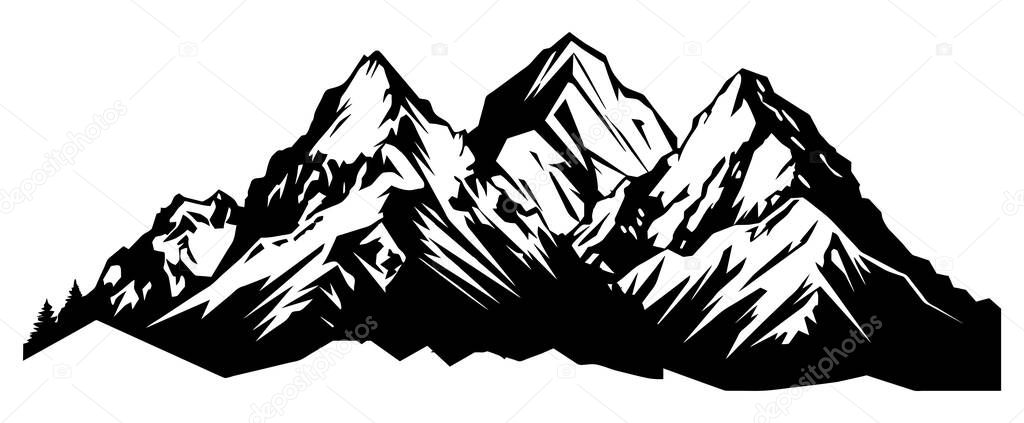 Mountain silhouette - vector icon. Rocky peaks. Mountains ranges. Black and white mountain icon isolated.