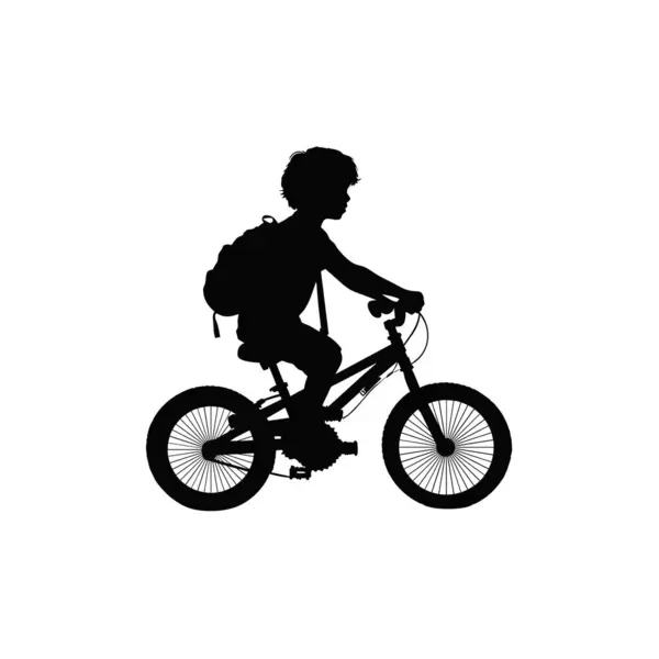 Cute Boy Riding Bike Silhouette Healthy Lifestyle Black Color Concept — Stock Vector