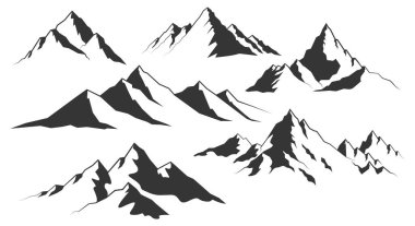 Dağ silueti. Rocky range peyzaj şekli. Yürüyüş yapan dağlar, tepeler ve uçurumlar. Tırmanan taş tepeciği soyut vektör kümesi. Çizim dağ silueti şekli, kayalık uçurum.