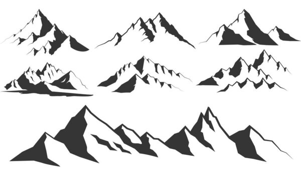 Mountains silhouettes on the white background. Vector set of outdoor design elements