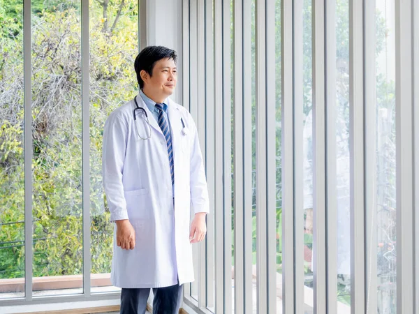 Smiling Asian Man Doctor Portrait White Coat Standing Alone Glass — Stock Photo, Image
