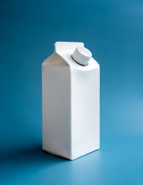 Mockup white milk box 1 liter with screw cap standing isolated on blue background, vertical style. Photo of white clear empty tall milk box with blank space on front and side view.